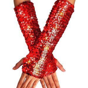 Women's F-Red Fashion Sequin Glitter Long Arm Sleeves Gloves Fingerless